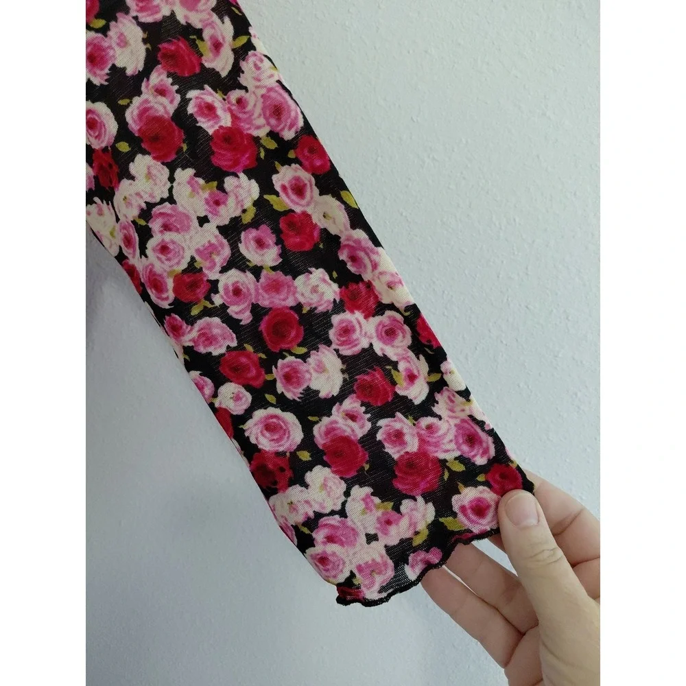 VTG Y2K 90s Zinc Mesh Dress XS/S Pink Red Floral Fairy Romantic Stretch Ruffle‎ - Picture 7 of 13